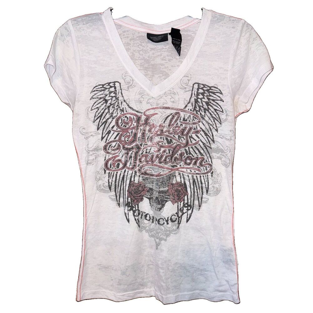 Harley Davidson Motorcycles Angel Wings Skull V Neck Shirt Women M Vintage Y2K